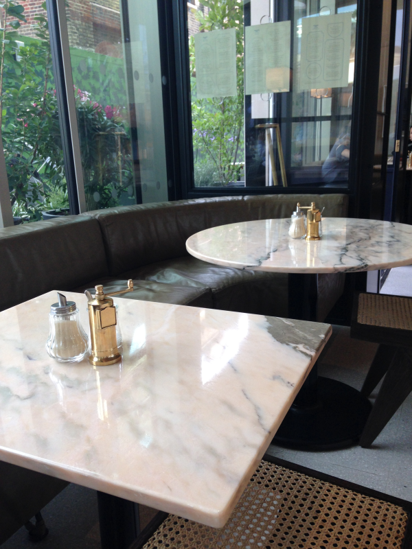 Granger and Co Kings Cross restaurant table tops in Portuguese Rosa Aurora Rosa, pink marble